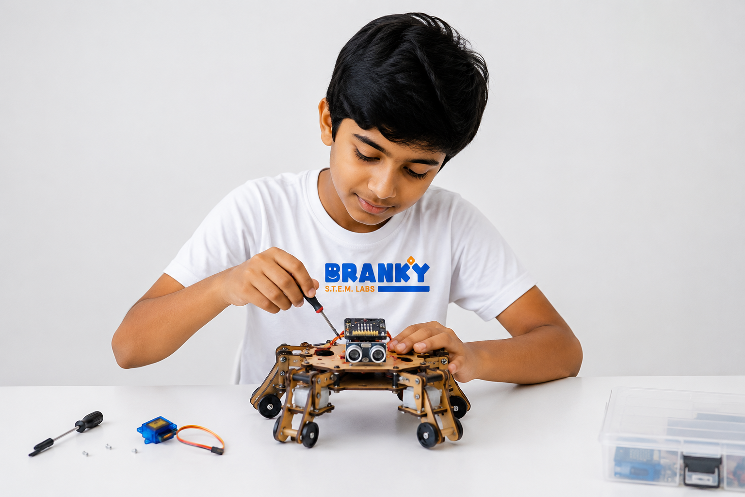 Student assembling a robot and learning electronics at Branky STEM Labs Vadodara